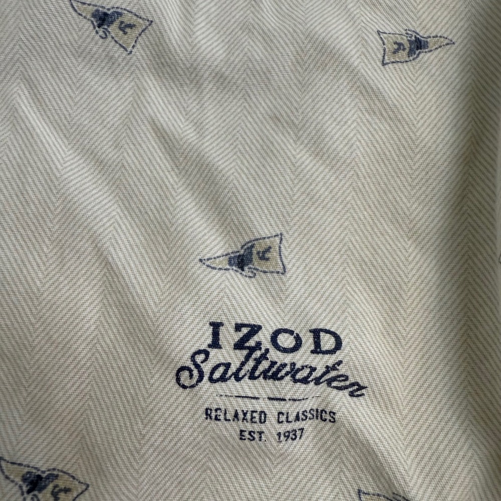 IZOD Saltwater Mens Large Cream Herringbone Pennant Flag Button Down Shirt L - Picture 4 of 9
